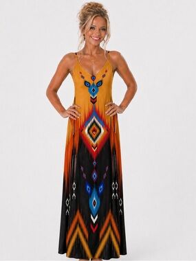 Boho Aztec Tribal Print Maxi Dress SIZE SMALL | Bold Festival Summer Vibes ☀️